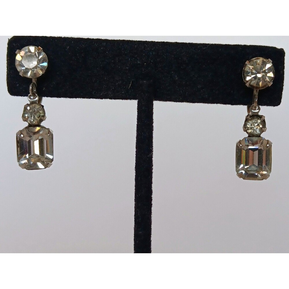 Vintage 40s 50s Prong Set Silver Tone Rhinestone Dangle Drop Screw Back Earrings